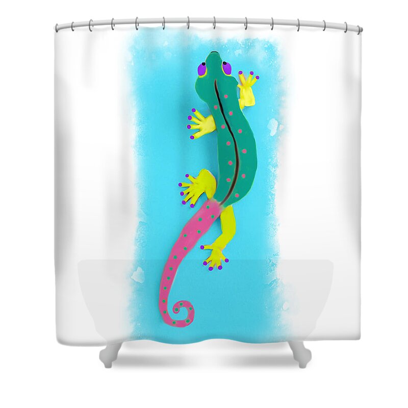 Gecko Shower Curtain featuring the mixed media Gecko Two by Deborah Boyd