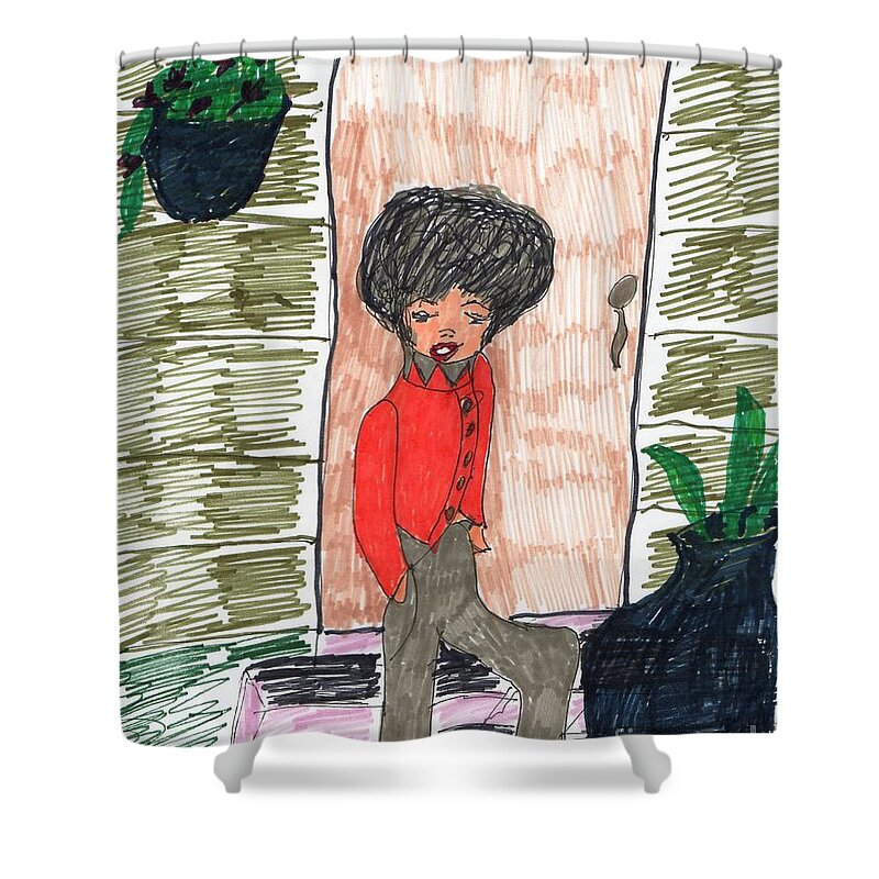 Lady Standing On A Step A Planter At The Door And One Hanging Shower Curtain featuring the mixed media Glad to be Home by Elinor Helen Rakowski