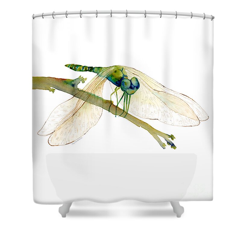 Blue Shower Curtain featuring the painting Green Dragonfly by Amy Kirkpatrick
