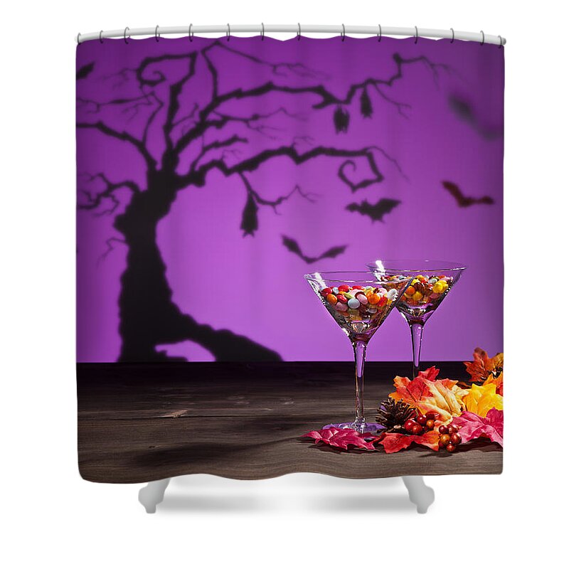 Red Shower Curtain featuring the photograph Halloween landscape with sweets #1 by U Schade