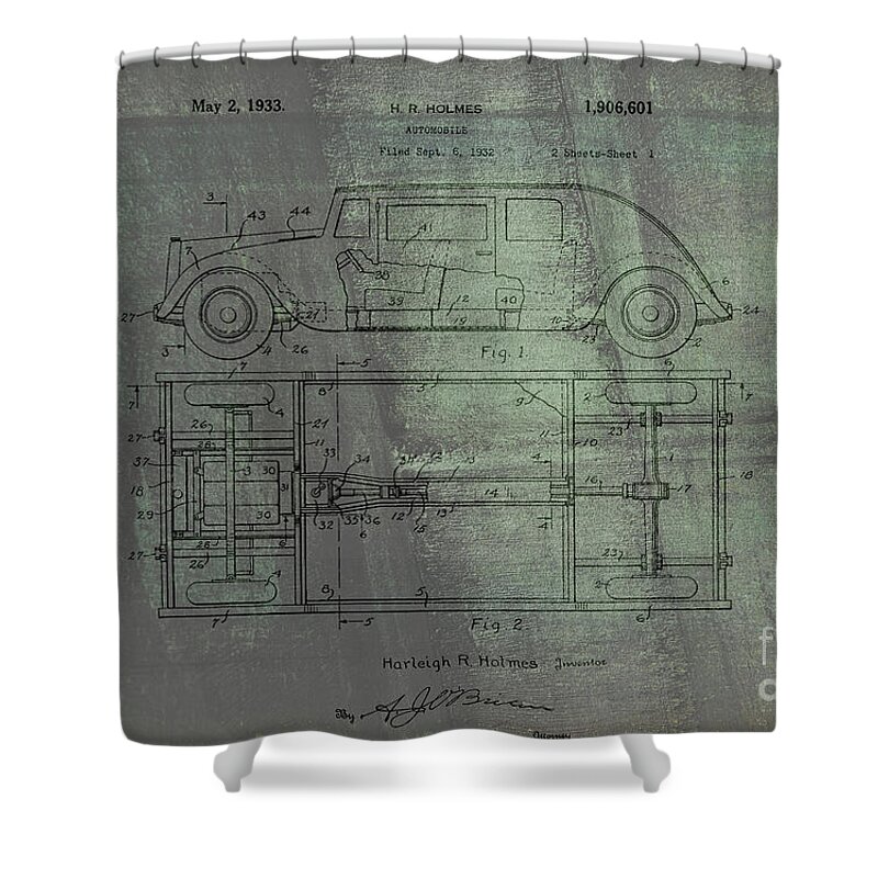 Harleigh R. Holmes Shower Curtain featuring the drawing Harleigh Holmes Original Automobile Patent by Doc Braham