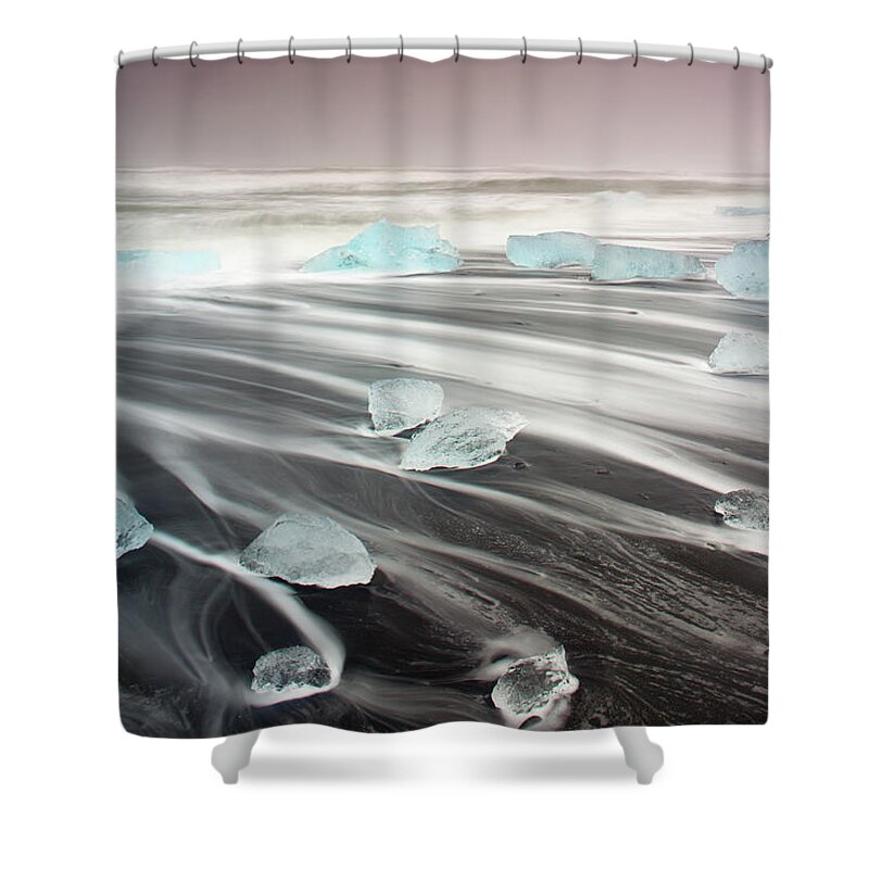 Melting Shower Curtain featuring the photograph Icebergs On Volcanic Beach, Iceland #1 by Travelpix Ltd