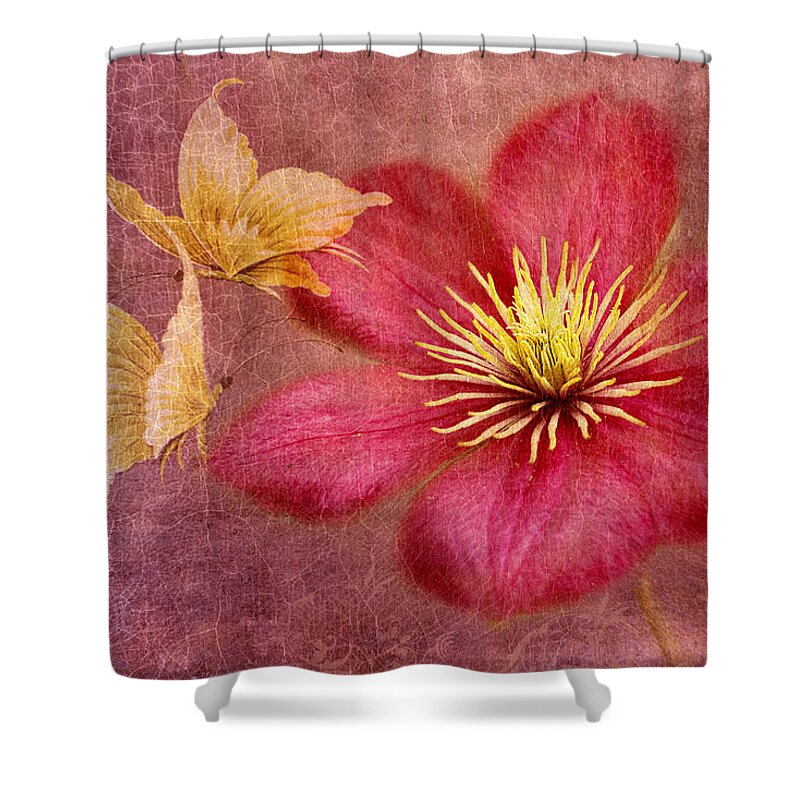 Pink Clematis Flower Shower Curtain featuring the photograph In Dance by Marina Kojukhova