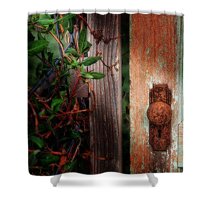 Rusty Doorknob Shower Curtain featuring the photograph The Garden Door by Jim Garrison