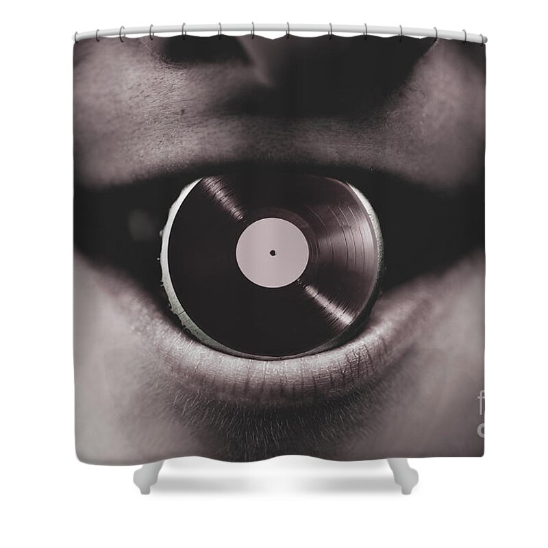 Music Shower Curtain featuring the photograph Jukebox DJ holding vinyl soda bottle lid in mouth #1 by Jorgo Photography