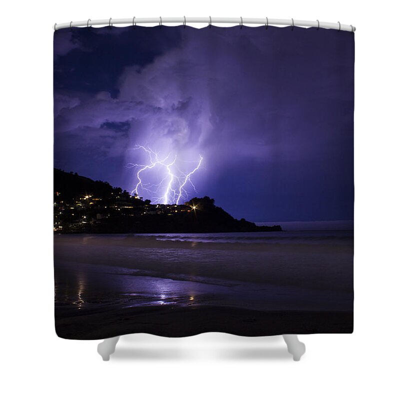 Lightning Shower Curtain featuring the photograph Lightning over the Ocean by Bryant Coffey