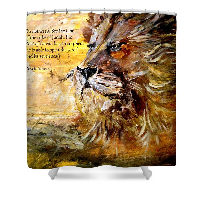Then One Of The Elders Said To Me Shower Curtain featuring the painting Lion of Judah #1 by Amanda Dinan