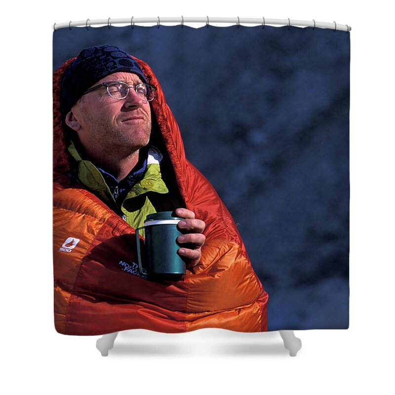 Adult Shower Curtain featuring the photograph Man In His Sleeping Bag With A Hot #1 by Corey Rich