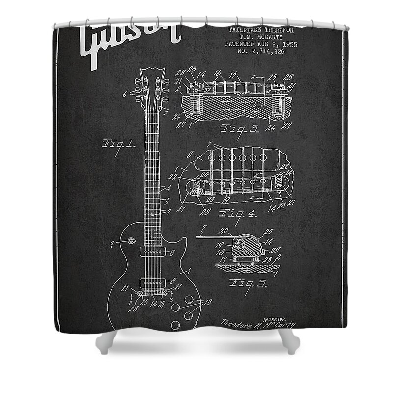 Gibson Shower Curtain featuring the digital art Mccarty Gibson Les Paul guitar patent Drawing from 1955 - Dark by Aged Pixel