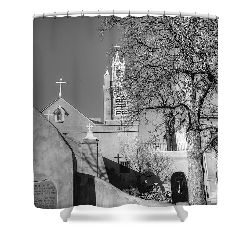 New Mexico Shower Curtain featuring the photograph Mission in Black and White by Bill Hamilton