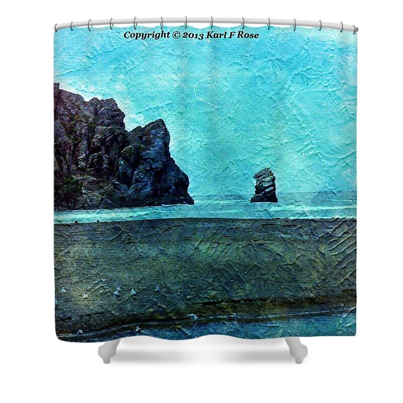 Ocean Shower Curtain featuring the photograph Morro Rock as a painting #1 by Karl Rose