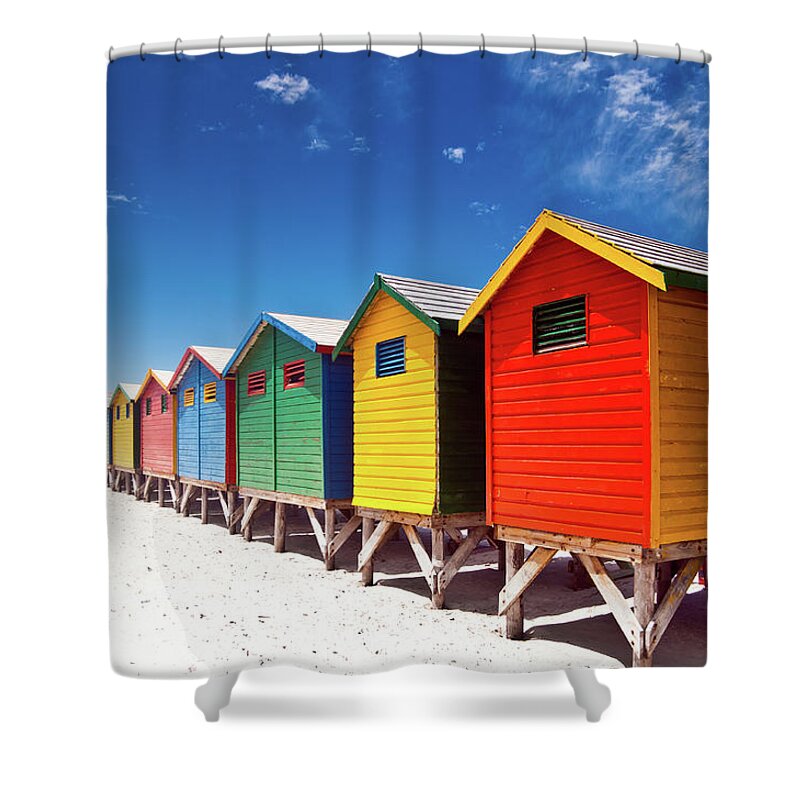 Beach Hut Shower Curtain featuring the photograph Muizenberg Beach Cape Town by Ferrantraite