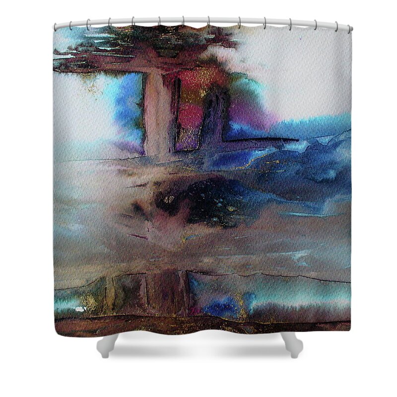 Abstract Art Shower Curtain featuring the painting Out of the Mist by Mary Sullivan