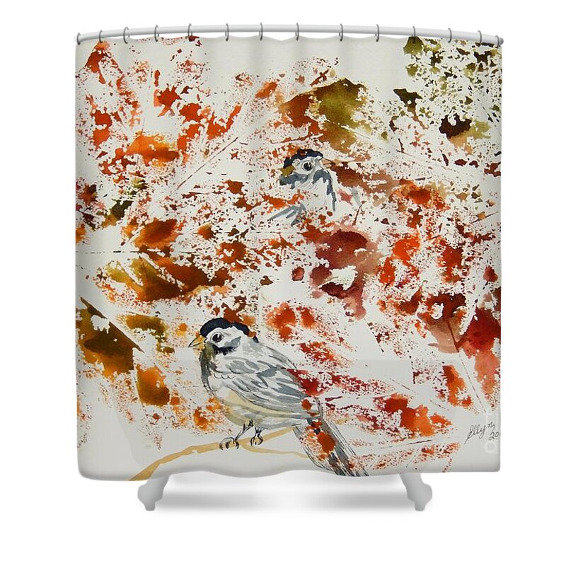 Chickadees Shower Curtain featuring the painting Peek A Boo Chickadees by Ellen Levinson