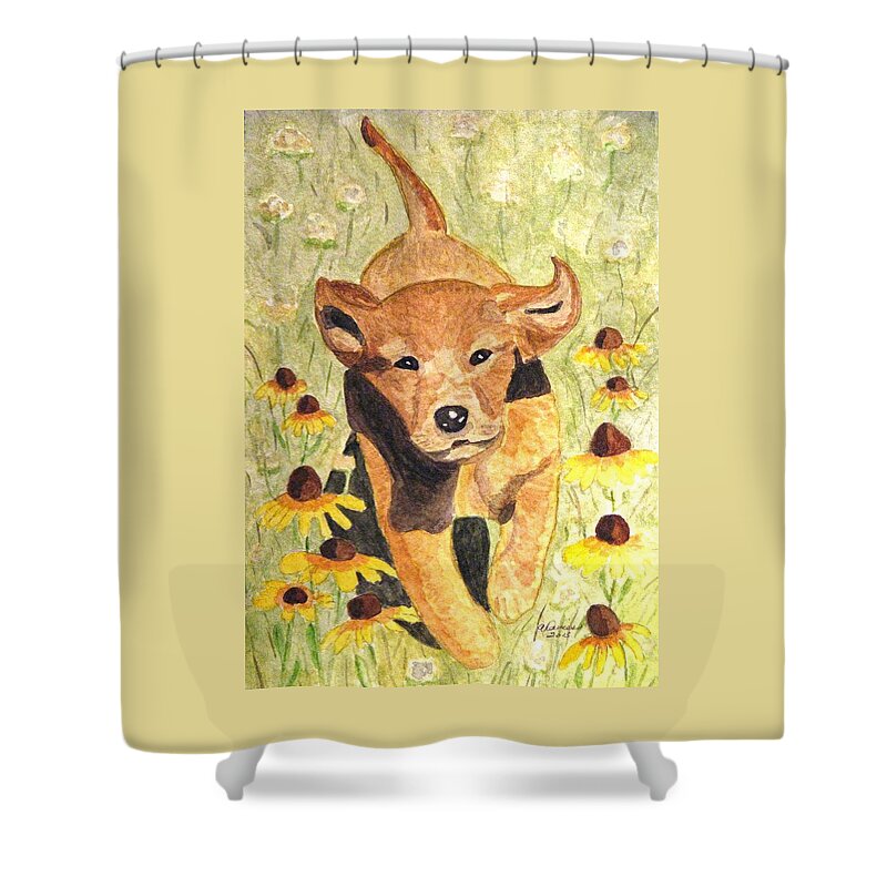 Puppies Shower Curtain featuring the painting Puppy Love by Angela Davies