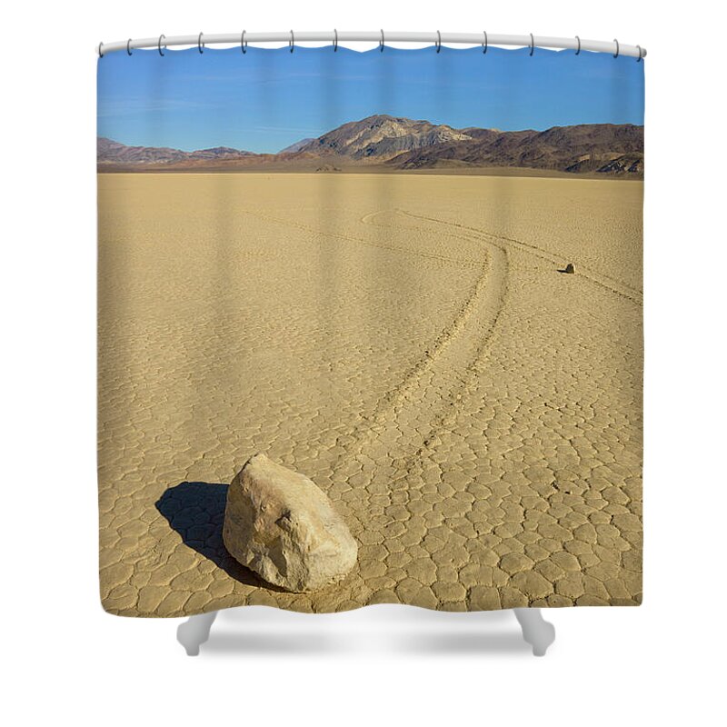 00431206 Shower Curtain featuring the photograph Racetrack Playa Sailing Stones by Yva Momatiuk John Eastcott