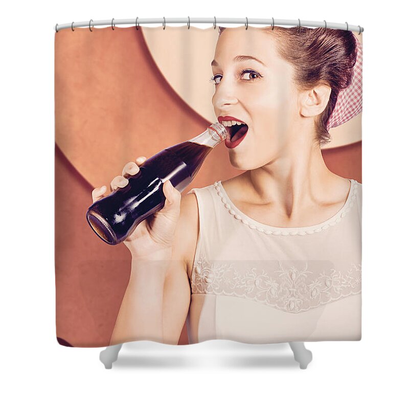Vintage Shower Curtain featuring the photograph Retro pin up pop art. Soda girl from 1950 #1 by Jorgo Photography