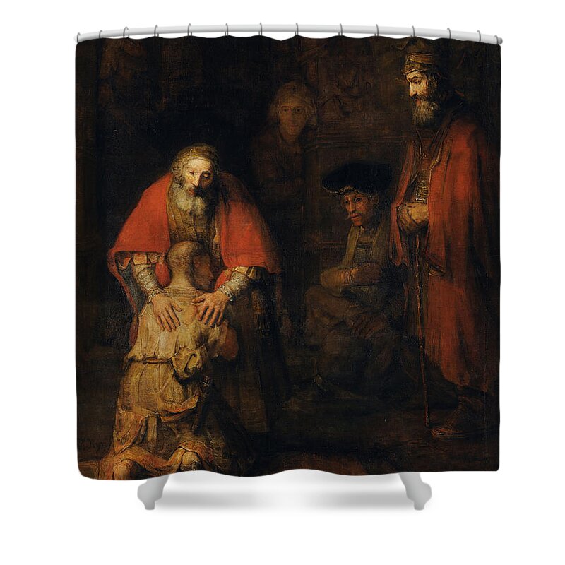 1665 Shower Curtain featuring the painting Return of the Prodigal Son by Rembrandt van Rijn