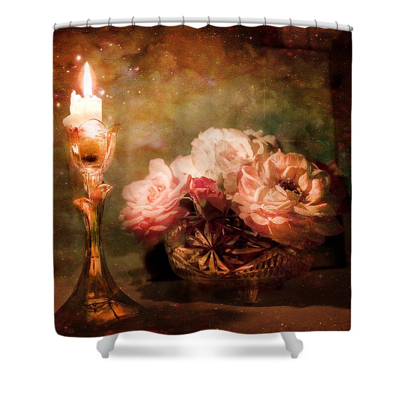Vintage Still Life Shower Curtain featuring the photograph Roses By Candlelight by Theresa Tahara