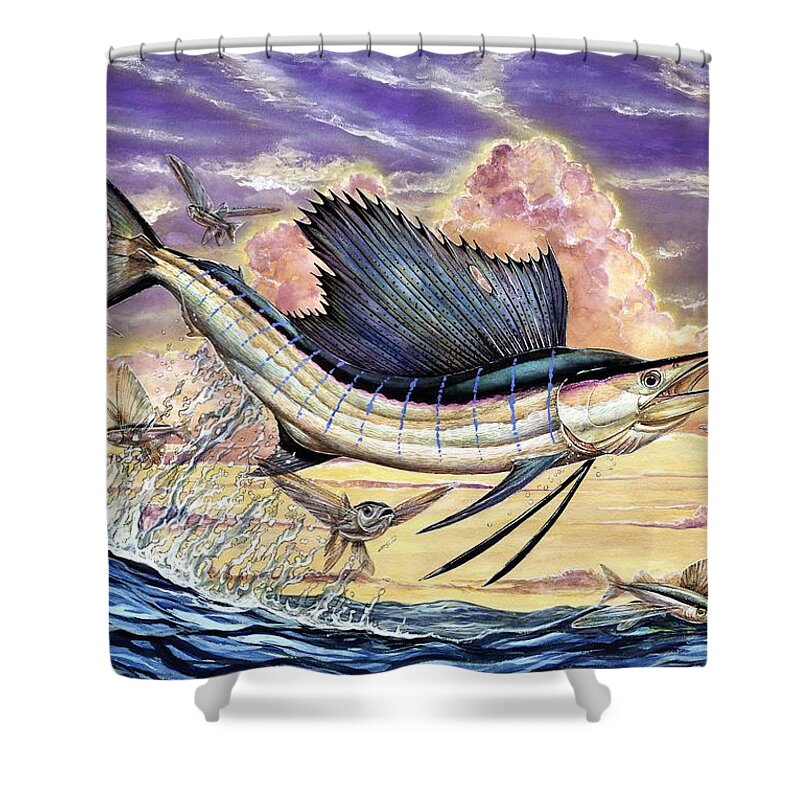 Sailfish Shower Curtain featuring the painting Sailfish And Flying Fish In The Sunset by Terry Fox