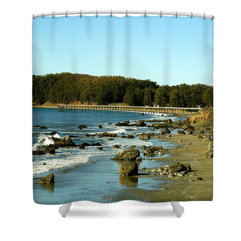 Barbara Snyder Shower Curtain featuring the photograph San Simeon Pier #1 by Barbara Snyder