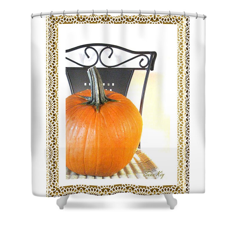 Pumpkin Card Shower Curtain featuring the photograph Season's Greetings #3 by Oksana Semenchenko