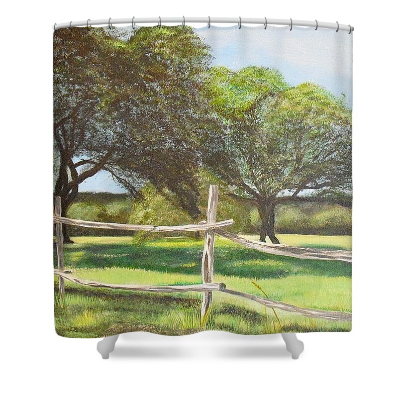 Landscape Shower Curtain featuring the painting Shady Oak Trees by Melissa Torres