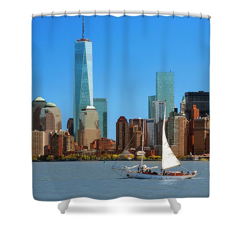 Lower Manhattan Shower Curtain featuring the photograph Skyline Of New York With One World #1 by Sylvain Sonnet