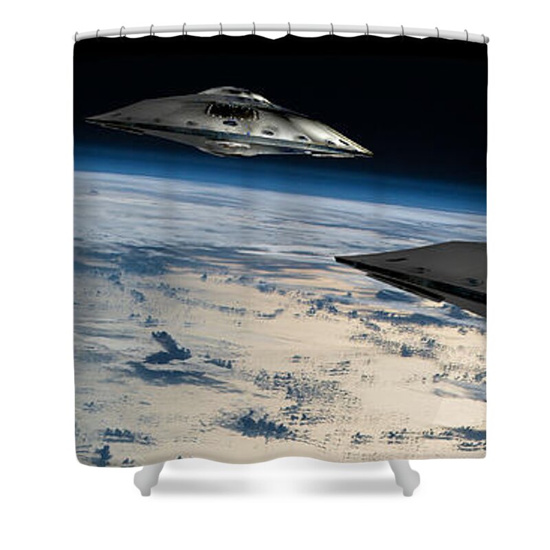 Area 51 Shower Curtain featuring the photograph Spaceships In Orbit Over Earth #1 by Marc Ward