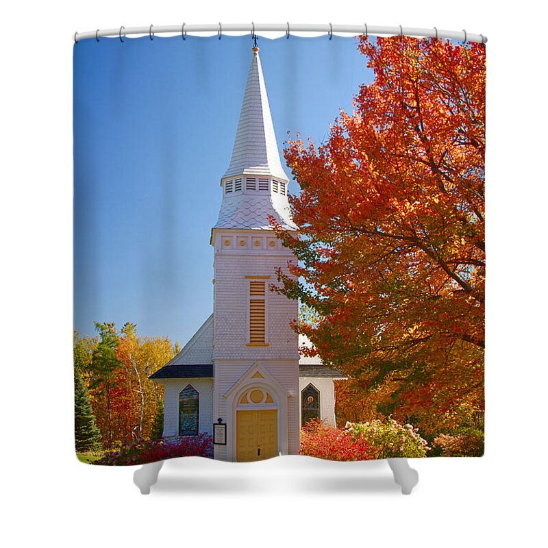 Autumn Foliage New England Shower Curtain featuring the photograph St Matthew's in Autumn splendor #2 by Jeff Folger