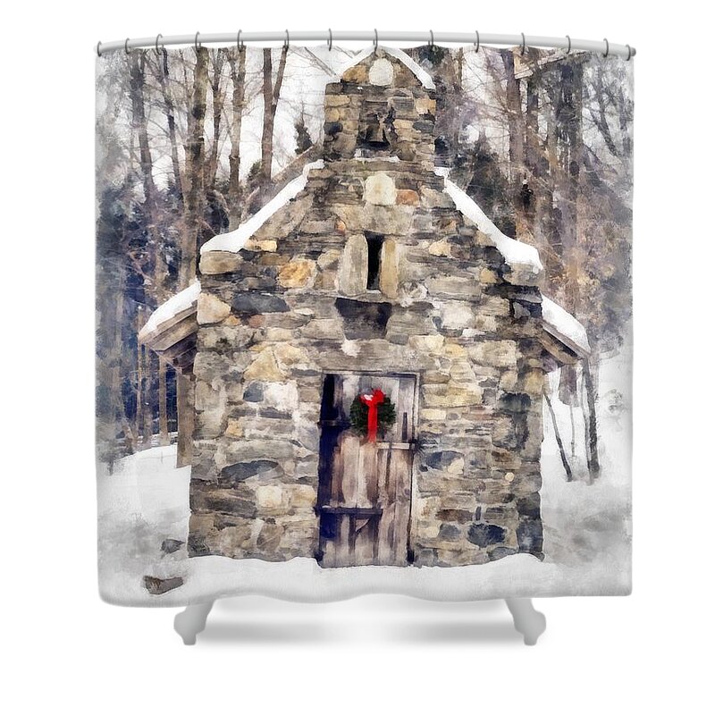 Chapel Shower Curtain featuring the painting Stone Chapel in the Woods Trapp Family Lodge Stowe Vermont #1 by Edward Fielding