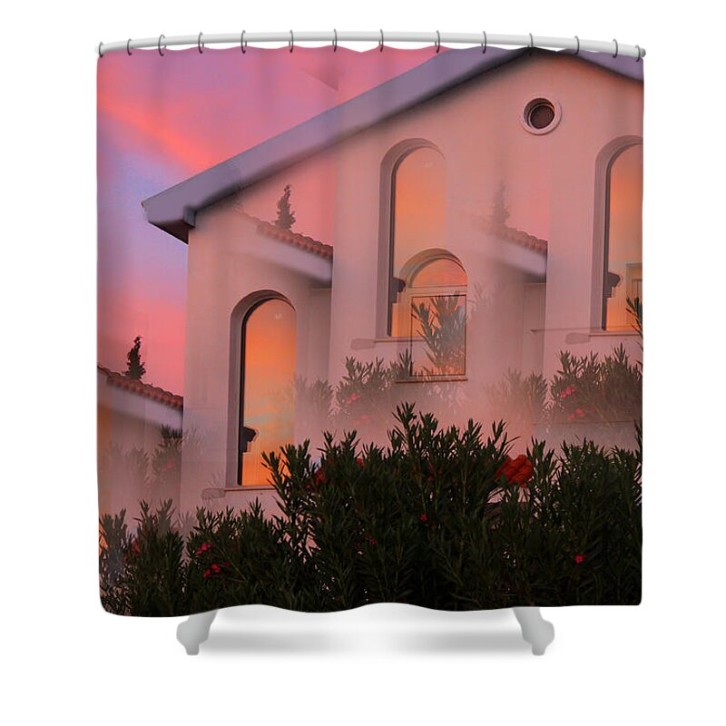 Augusta Stylianou Shower Curtain featuring the digital art Sunset on Houses #2 by Augusta Stylianou