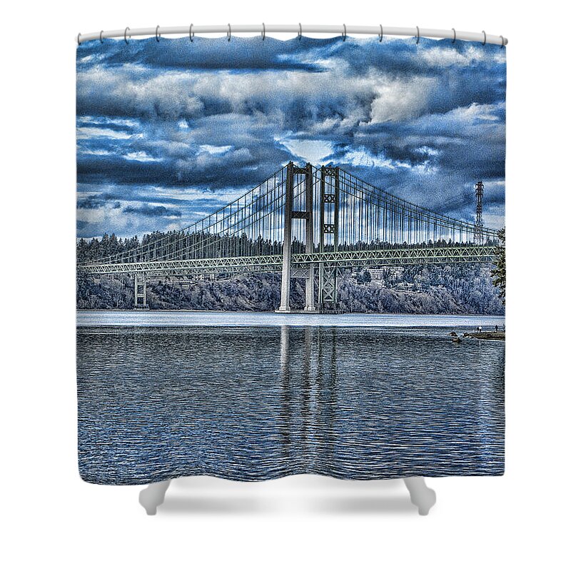 Tacoma Shower Curtain featuring the photograph Tacoma Narrows Bridge by Ron Roberts