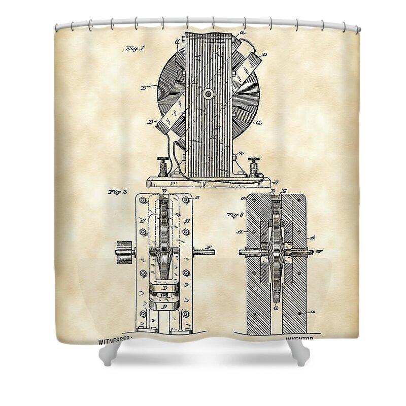 Tesla Shower Curtain featuring the digital art Tesla Electro Magnetic Motor Patent 1889 - Vintage by Stephen Younts