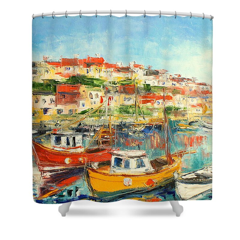 Brixham Shower Curtain featuring the painting The Brixham Harbour #1 by Luke Karcz