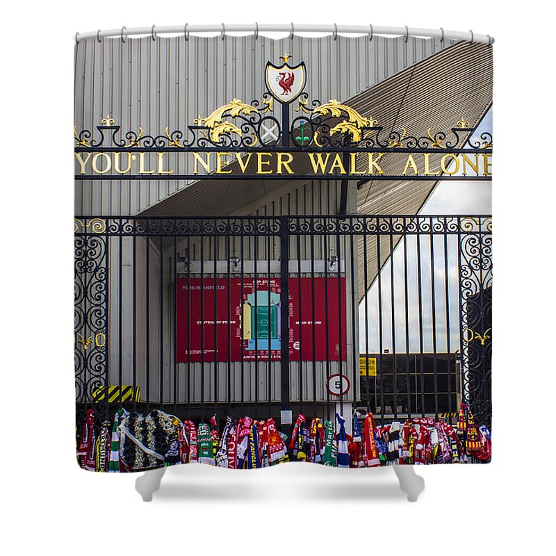 Liverpool Shower Curtain featuring the photograph The Shankly Gates #1 by Paul Madden
