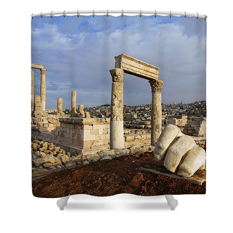 Amman Shower Curtain featuring the photograph The Temple of Hercules and sculpture of a hand in the Citadel Amman Jordan #1 by Robert Preston