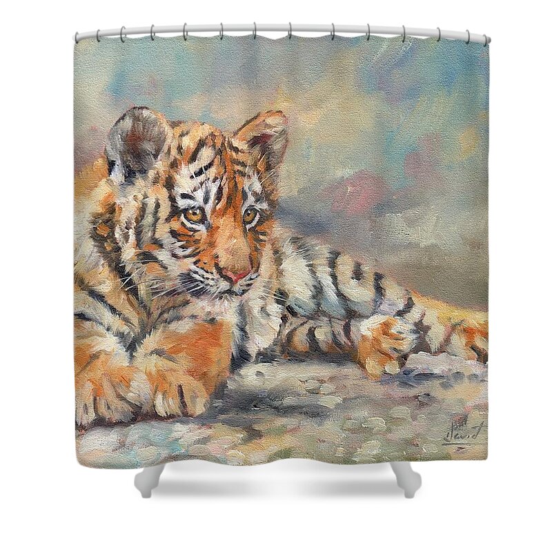 Tiger Shower Curtain featuring the painting Tiger Cub #1 by David Stribbling
