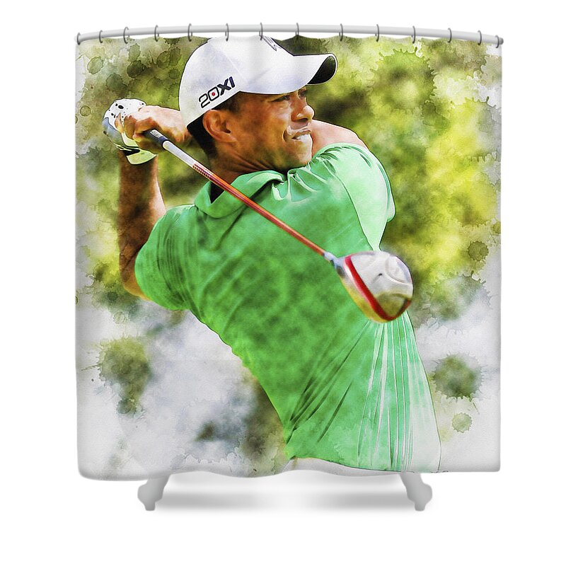 Watercolor Painting Shower Curtain featuring the digital art Tiger Woods hits a drive by Don Kuing
