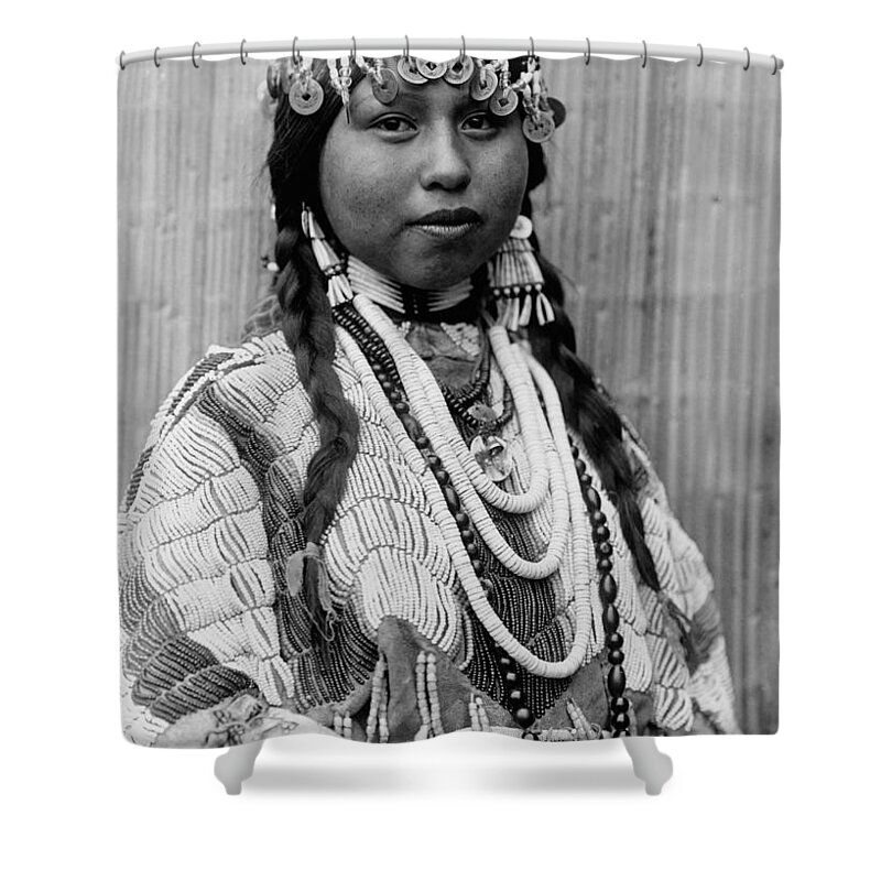 1910 Shower Curtain featuring the photograph Tlakluit Indian woman circa 1910 #1 by Aged Pixel