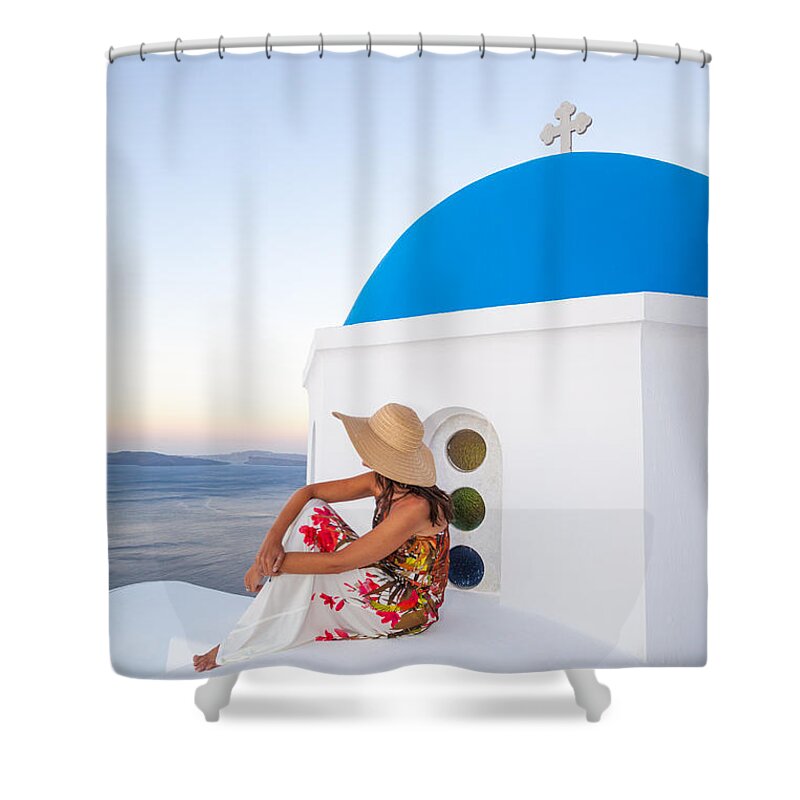 40-50 Shower Curtain featuring the photograph Tourist on blue domed church in Santorini Greece #1 by Matteo Colombo