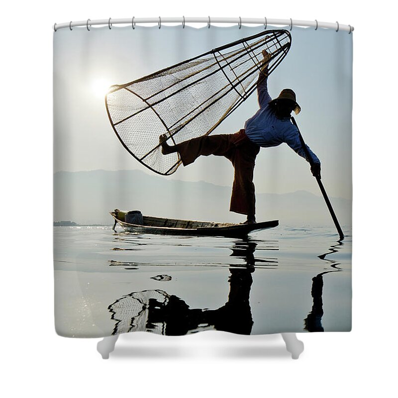 Hand Raised Shower Curtain featuring the photograph Traditional Bamboo Fisherman, Inle #1 by Rwp Uk