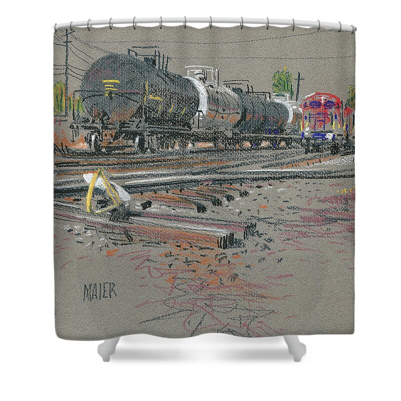Train Shower Curtain featuring the drawing Train's Coming by Donald Maier