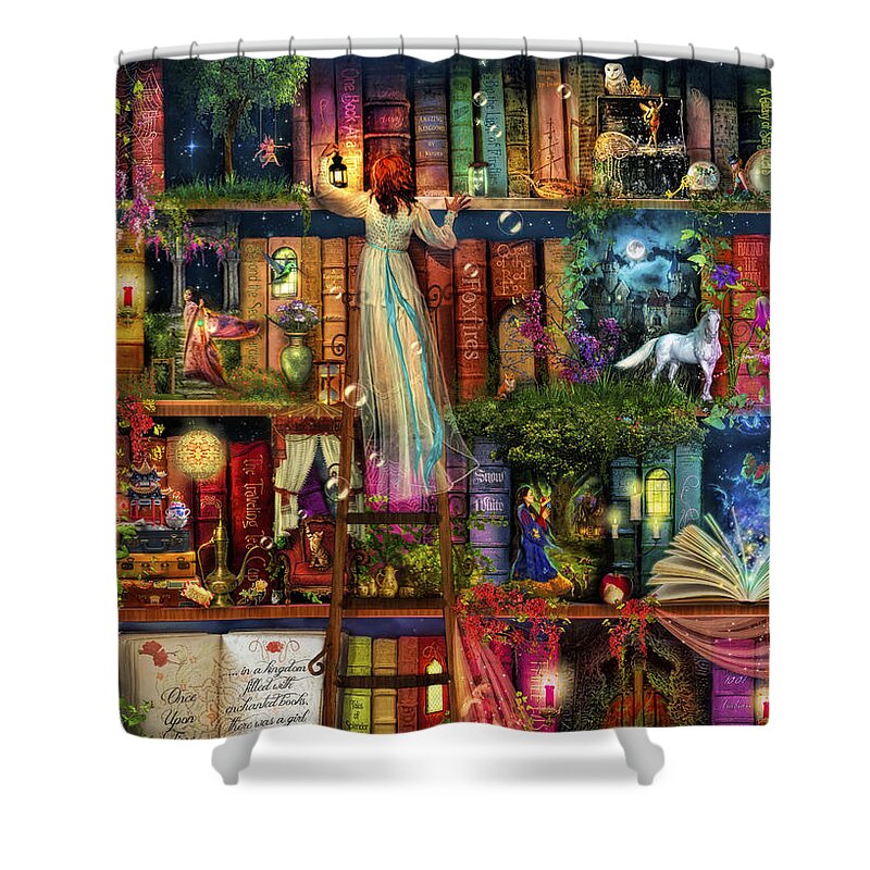 Aimee Stewart Shower Curtain featuring the digital art Treasure Hunt Book Shelf by MGL Meiklejohn Graphics Licensing