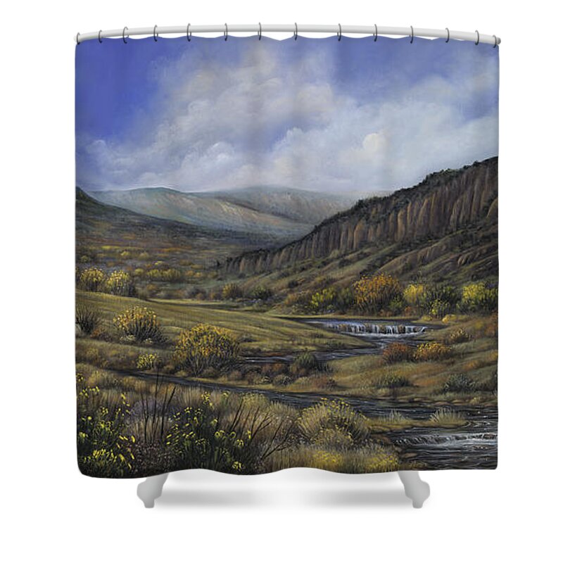 Southwest-landscape Shower Curtain featuring the painting Tres Piedras by Ricardo Chavez-Mendez