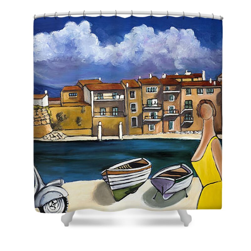 Vespa Shower Curtain featuring the painting Vespa and French Cove #1 by William Cain