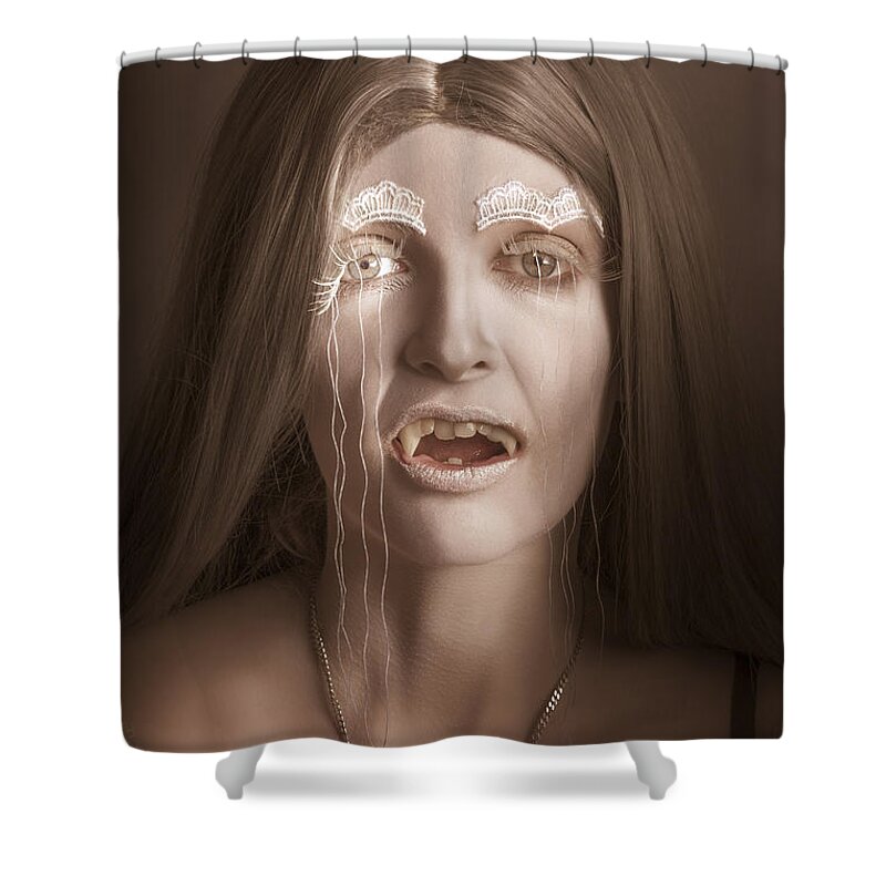 Vampire Shower Curtain featuring the photograph Vintage halloween portrait. Gothic vampire girl #1 by Jorgo Photography