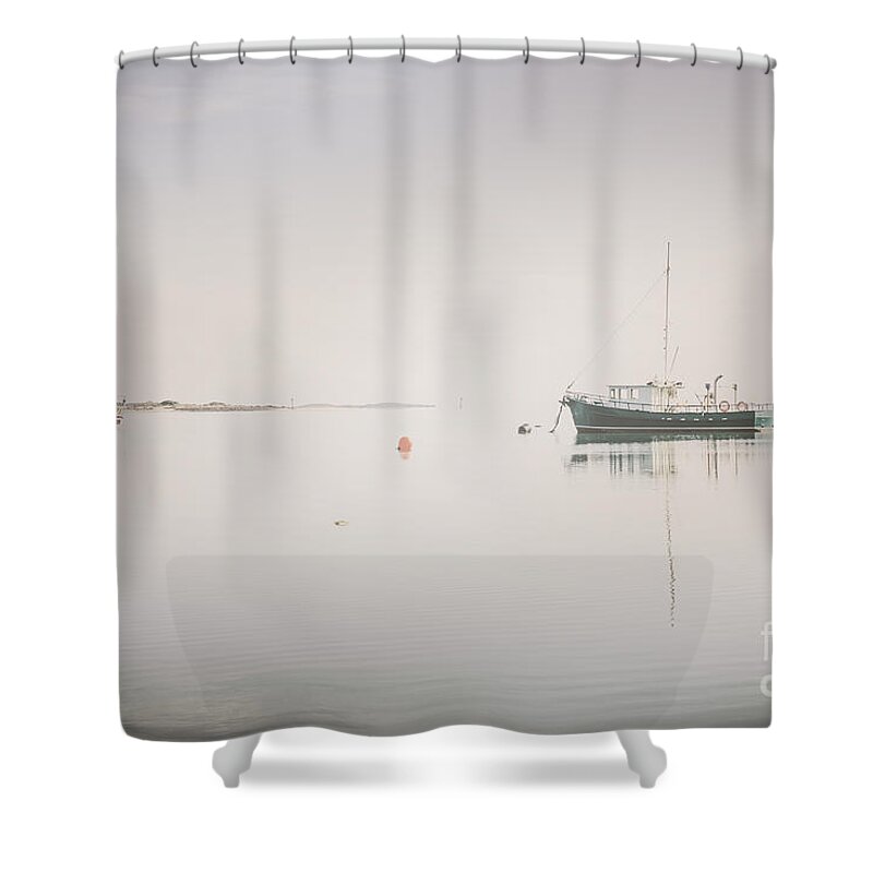 Vintage Shower Curtain featuring the photograph Vintage photo of a fishing boat anchored at dusk #1 by Jorgo Photography