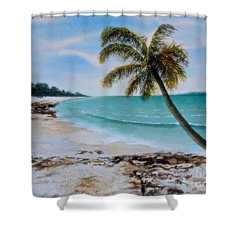 Water Colour Seascape Painting On Paper Of A Beach In Zanzibar Shower Curtain featuring the painting West of Zanzibar by Sher Nasser