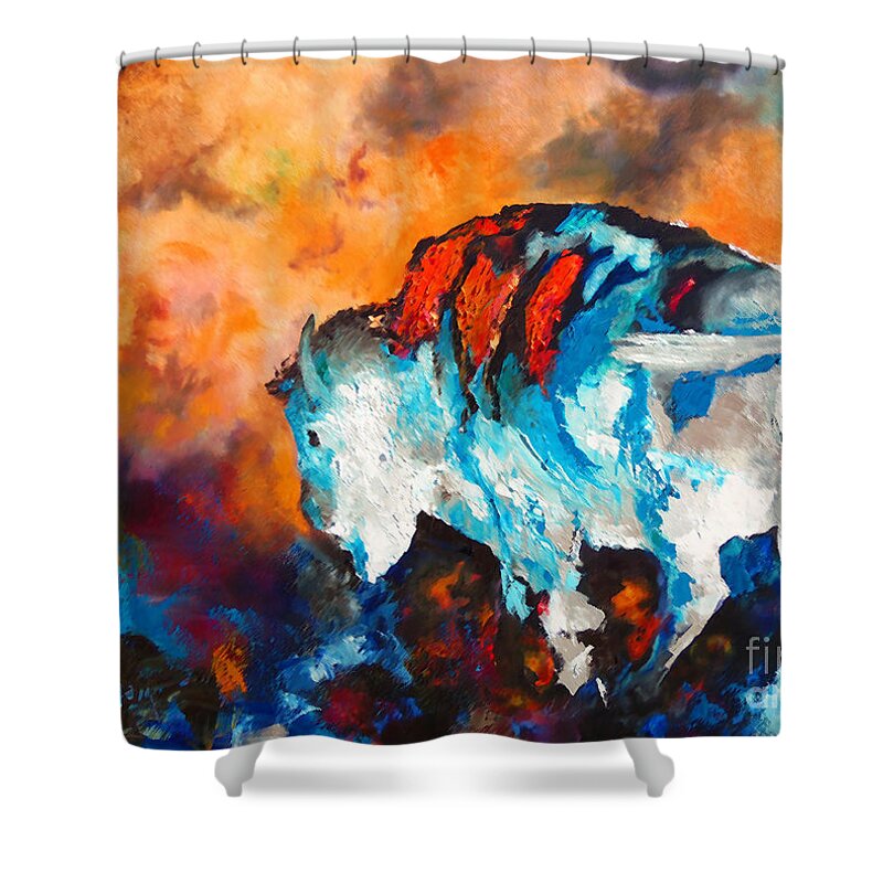 Contemporary White Buffalo Painting Shower Curtain featuring the painting White Buffalo Ghost by Karen Kennedy Chatham